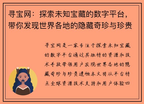 寻宝网：探索未知宝藏的数字平台，带你发现世界各地的隐藏奇珍与珍贵遗物
